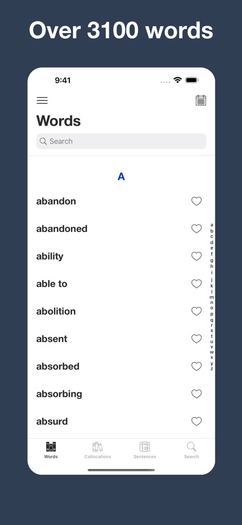 English Collocation Sentence - L'application propose plus de 3100 mots essentiels, permettant aux utilisateurs de parcourir une liste complète et d'utiliser la barre de recherche intuitive pour trouver des termes spécifiques.