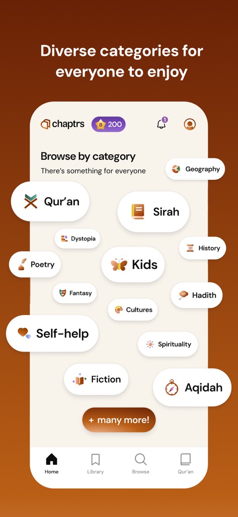 Chaptrs - Islamic Audiobooks - Content is conveniently organized into "diverse categories" like "Qur'an", "Sirah", and "Kids", ensuring there is something for every interest and age group.