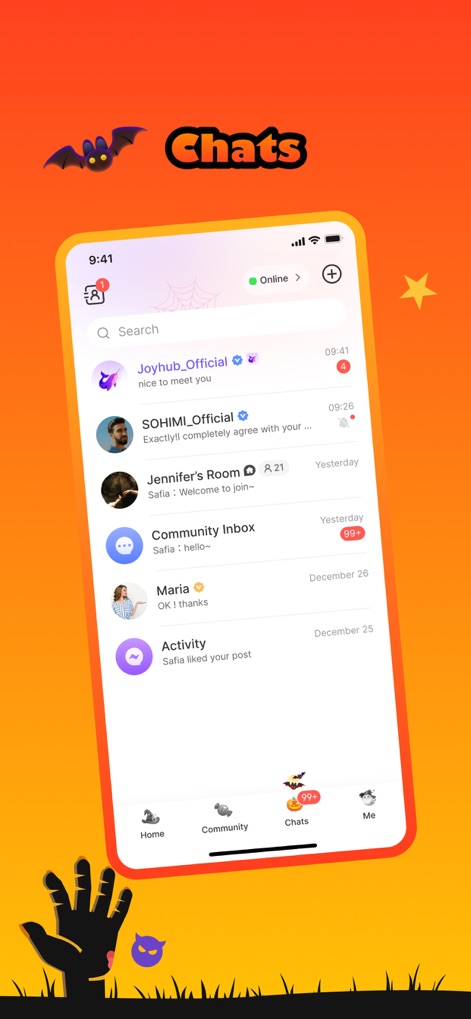 Joyhub - This tool facilitates private conversations through a clear chat list interface, complete with an 'Online' status indicator for active users.