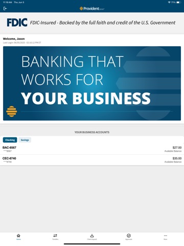 Provident Bank Business iPad screenshot