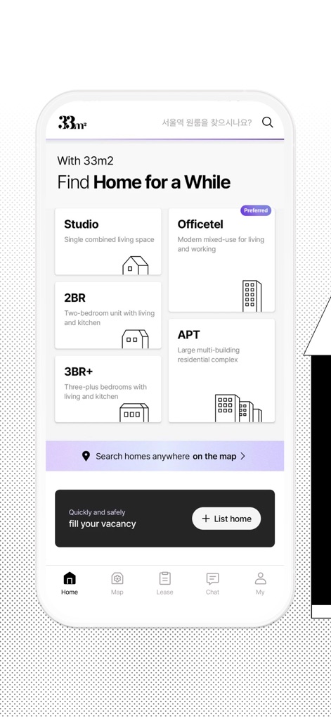 33m2 - Korea Short-Term Rental - The app presents clear categorized property types like 'Officetel' and 'Studio', alongside an intuitive 'Search homes anywhere on the map' function for precise location discovery.