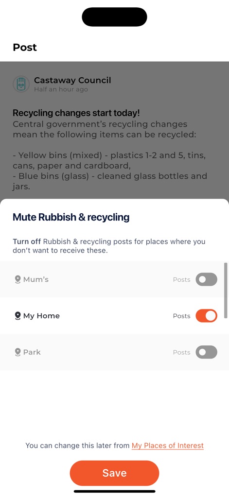 Antenno - The app offers granular control over notification preferences, allowing users to mute specific post types for designated places using intuitive toggle switches.