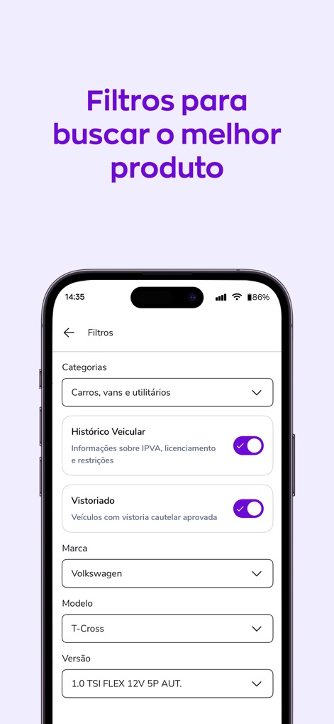 OLX - Comprar e vender online - フィルター画面では、車両履歴や検査済み車両の確認オプションなど、詳細な検索条件を設定でき、ユーザーは希望の商品を効率的に絞り込めます。