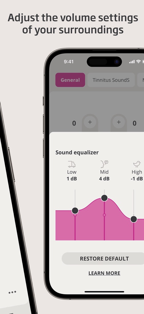Oticon Companion - The app offers a sophisticated sound equalizer, allowing users to fine-tune audio frequencies via the interactive graphical EQ curve and specific decibel adjustments.