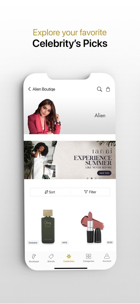 Boutiqaat بوتيكات - Immerse oneself in exclusive celebrity picks, featuring prominent influencer banners and robust filtering and sorting options to refine product views.