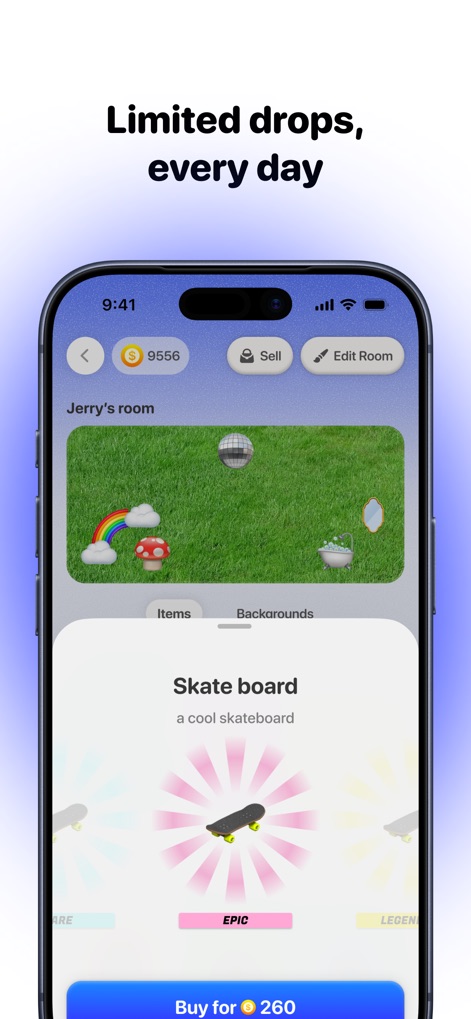 PicPet - La aplicación presenta una tienda de artículos diarios donde los usuarios pueden adquirir coleccionables con diferentes niveles de rareza, como un "Skate board EPIC", pagando con monedas acumuladas.