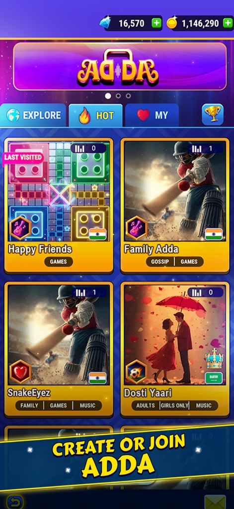 Ludo King - The app offers a vibrant social 'ADDA' hub, allowing players to create or join customizable themed rooms for community interaction and shared gaming experiences.