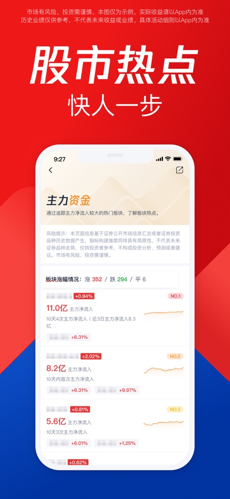 腾讯自选股-在线炒股票证券交易 - Nutzer können sich auf die Analyse von Markt-Hotspots konzentrieren, wobei die App detaillierte Informationen zu den Hauptkapitalflüssen der Sektoren und visuelle Trends in Form von Mini-Diagrammen bereitstellt.