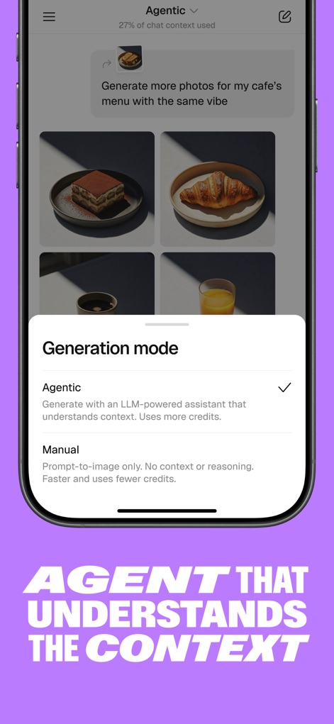 Recraft - Observe the 'Agentic' mode's ability to understand context for tailored outputs, allowing users to choose between intelligent assistance and manual, direct prompt-to-image creation.
