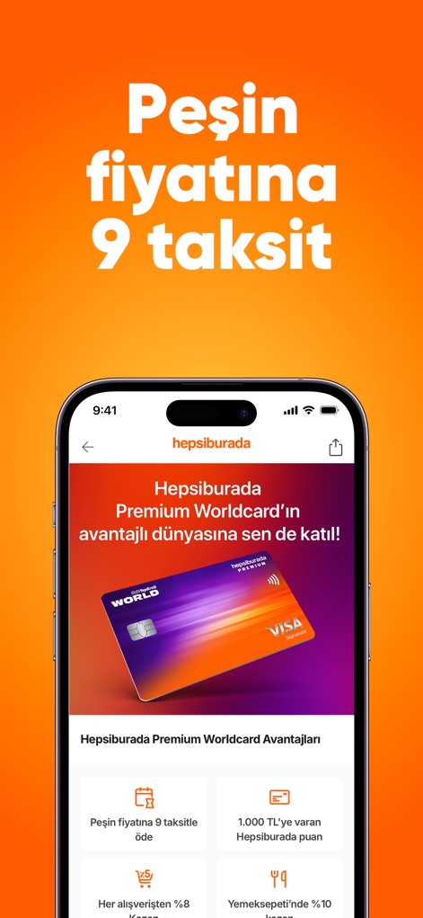 Hepsiburada: Online Shopping - Discover the app's financial advantages, showcasing options like '9 installments at cash price' and detailing the extensive benefits of the Hepsiburada Premium Worldcard.