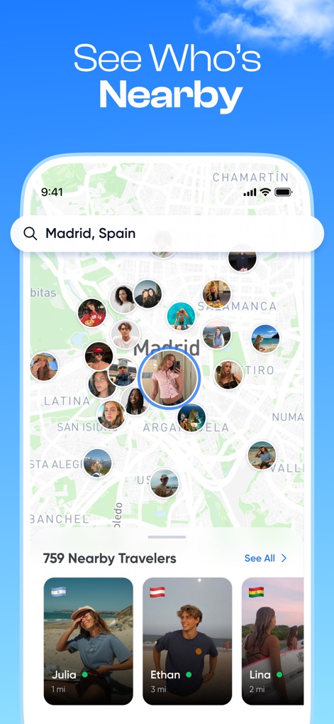 TripBFF - Solo Travel Friends - The app provides a dynamic map display populated with nearby user profiles and a detailed list showing travelers' names and their proximity to the user.