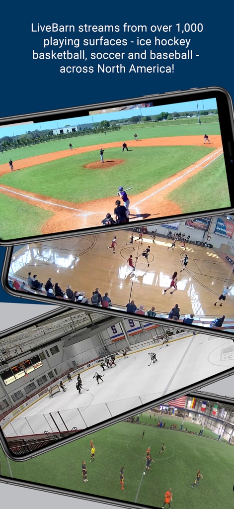 LiveBarn - This view highlights the app's extensive multi-sport coverage, showcasing diverse playing surfaces like a baseball diamond and an ice hockey rink.