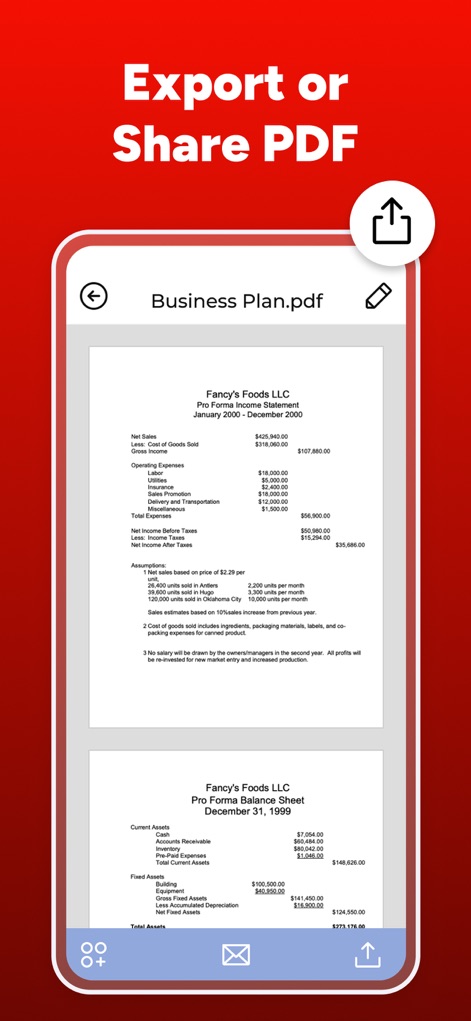 PDF Maker - Convert to PDF - Après la conversion, les utilisateurs peuvent prévisualiser leurs documents (visualisation du "Business Plan.pdf") et les partager instantanément via l'icône de partage ou les exporter vers d'autres applications.