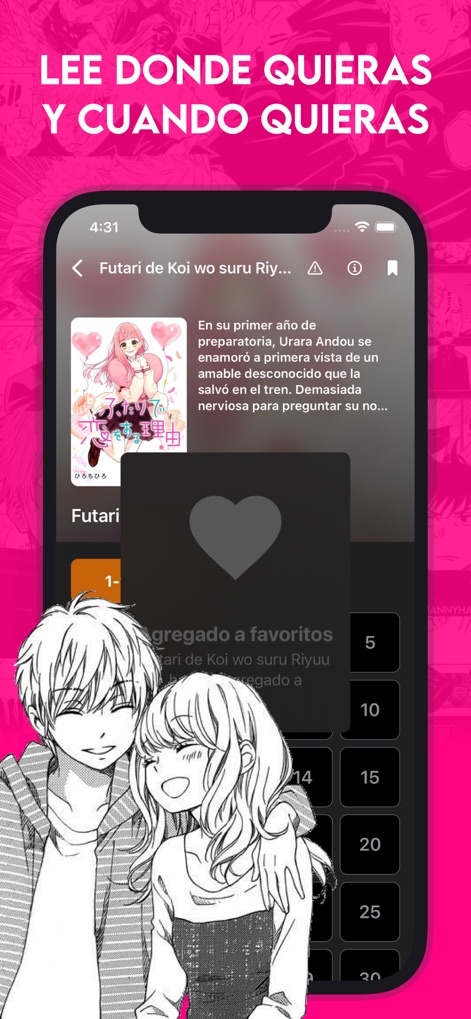 Mango Manga: Comics y Novelas - A página de detalhes de um título apresenta uma sinopse cativante e a opção de marcar como 'favorito' com um ícone de coração, facilitando o gerenciamento da biblioteca pessoal do usuário.