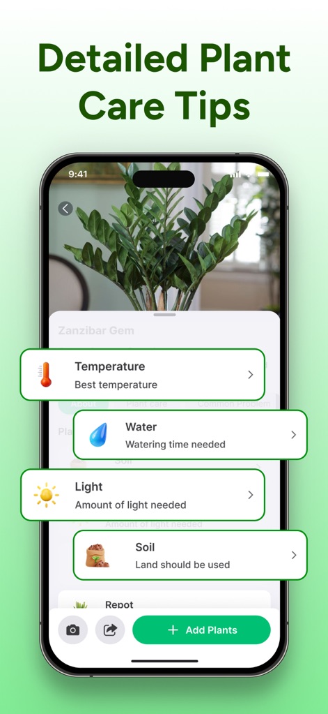 PlantCheck: Plant Identifier - Explore comprehensive care instructions with specific cards for 'Temperature' and 'Water', easily managed by users via the 'Add Plants' feature.