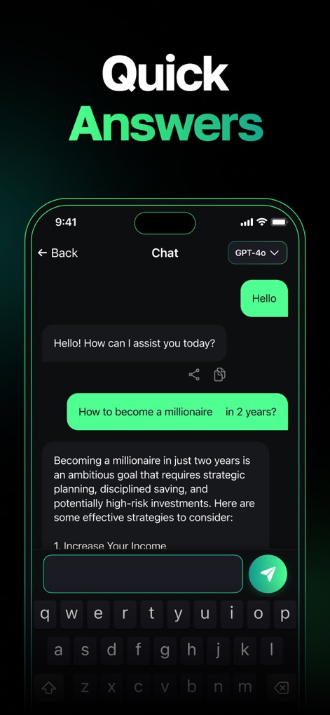 AI Chat Bot - My Assistant - ユーザーの質問に対して迅速な質疑応答が提供され、「2年でミリオネアになる方法」のような複雑な問いにも構造化された回答を即座に提示します。