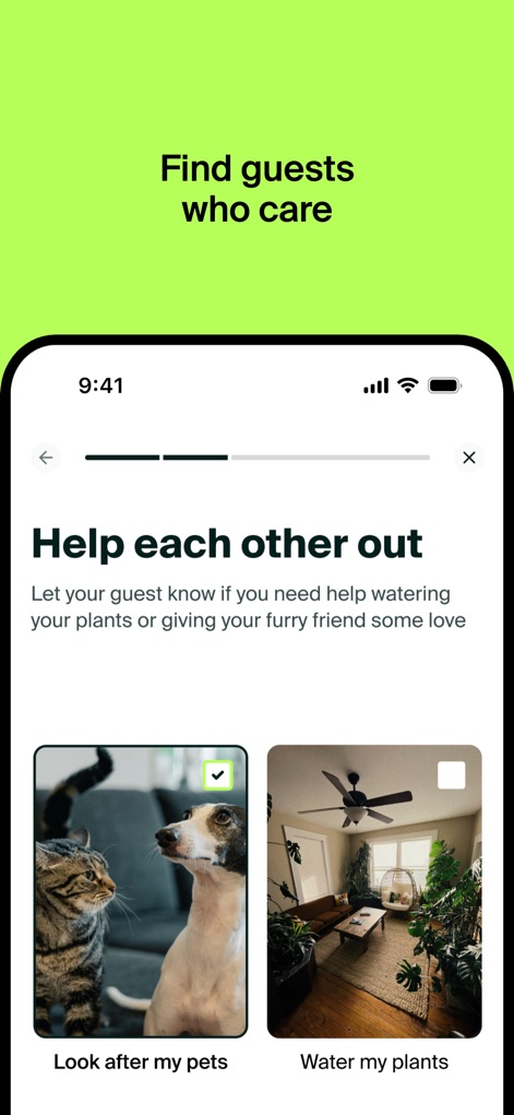 MeetCiao - Sublet Community - ゲストは滞在中に「Look after my pets」（ペットの世話）や「Water my plants」（植物の水やり）といったホストへの手伝いを申し出ることができ、相互に助け合うコミュニティ精神が示されています。