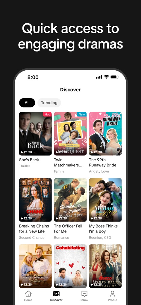 PineDrama - La section "Découvrir" permet une navigation fluide à travers les contenus tendances et propose un aperçu détaillé des titres populaires avec leurs catégories.
