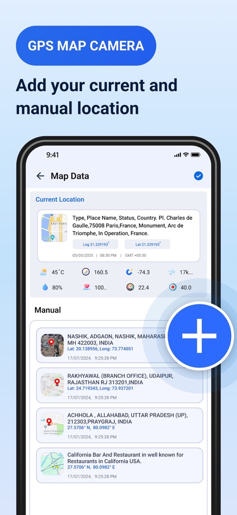 GPS Maps Camera - This feature empowers users to either utilize their current GPS location data or efficiently manage and add multiple custom manual locations for geotagging purposes.