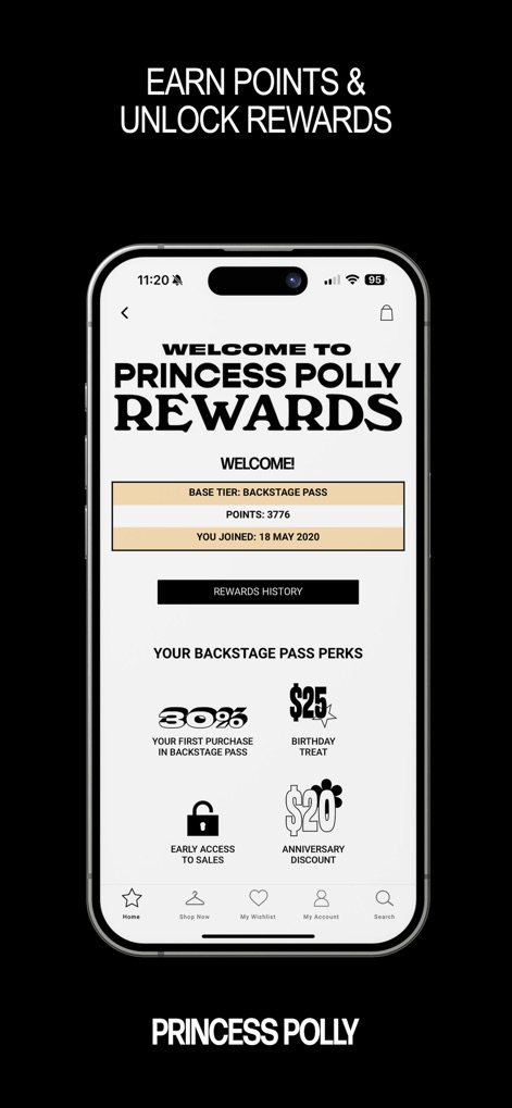 Princess Polly - The app features a comprehensive loyalty program displaying earned "Points" and offering "Backstage Pass Perks" like exclusive discounts.