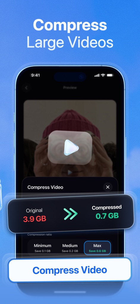 KeepClean AI: Storage Cleaner - This tool offers flexible video compression with a clear "Original" vs. "Compressed" size comparison, alongside adjustable compression ratio options like "Max" for optimal savings.