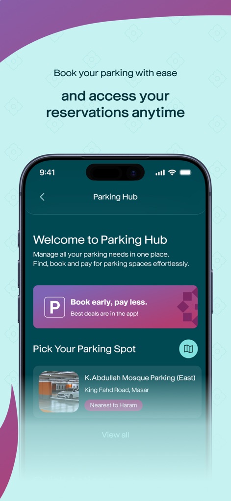 Visit Masar - The app simplifies urban transit, offering a clear "Book early, pay less" prompt and listing specific parking locations such as "K.Abdullah Mosque Parking (East)".