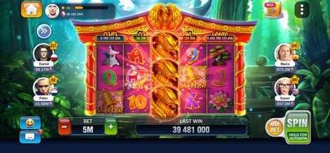 Billionaire Casino Slots 777 - The app showcases a vibrant slot machine featuring majestic golden phoenix symbols and an intricately designed temple background, promising grand wins.