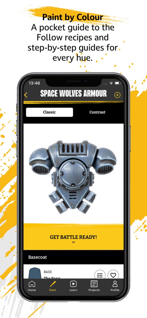 Warhammer Colour: The App - Esta tela revela o processo de pintura detalhado, com foco na armadura 'SPACE WOLVES ARMOUR' e a flexibilidade de alternar entre os métodos de pintura 'Classic' e 'Contrast'.