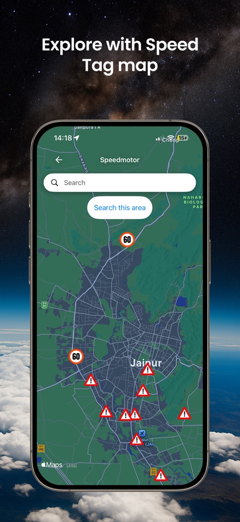 Mappa: GPS & Live Earth Camera - La aplicación presenta un mapa detallado con límites de velocidad claramente marcados y alertas visuales de advertencia en diversas ubicaciones.