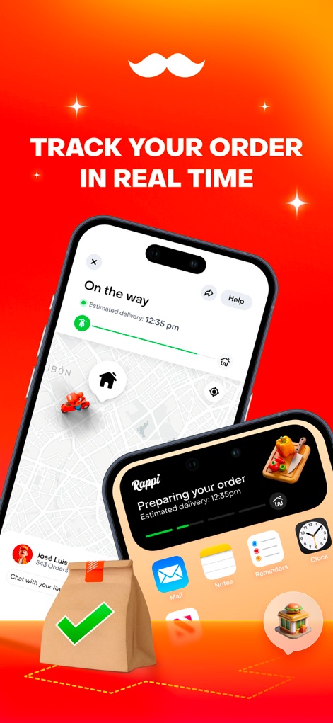 Rappi - Deliveries in Minutes - Observe the advanced order tracking interface, displaying real-time delivery progress on a map and providing status updates like "Preparing your order" with an estimated time.