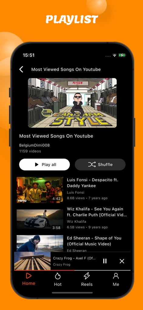 OneTube: Music & Video Player - Discover and manage content efficiently with personalized playlists, featuring clear titles like 'Most Viewed Songs On Youtube' and convenient 'Play all' and 'Shuffle' options.