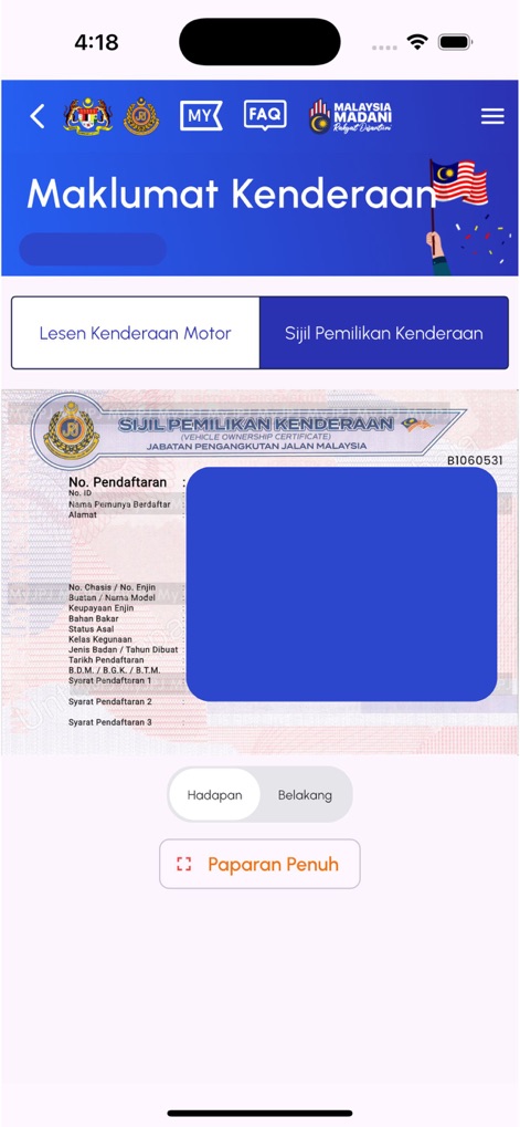 MyJPJ - Users can conveniently access their digital 'Sijil Pemilikan Kenderaan' (Vehicle Ownership Certificate) and navigate through the detailed information presented within the 'Maklumat Kenderaan' section.