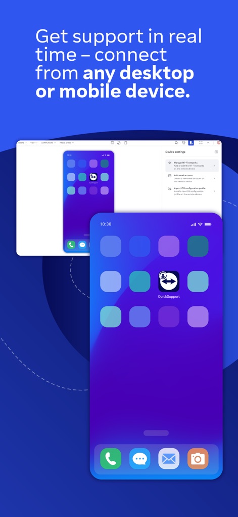 TeamViewer QuickSupport - Esta herramienta permite la conexión entre un 'dispositivo móvil' y una 'interfaz de escritorio', demostrando una capacidad de soporte remoto versátil e integrada.