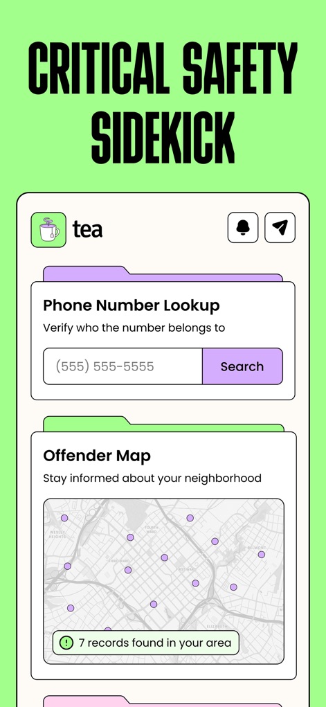 Tea Dating Advice - This tool offers critical features like the 'Phone Number Lookup' to verify identities and the interactive 'Offender Map' to enhance local awareness.