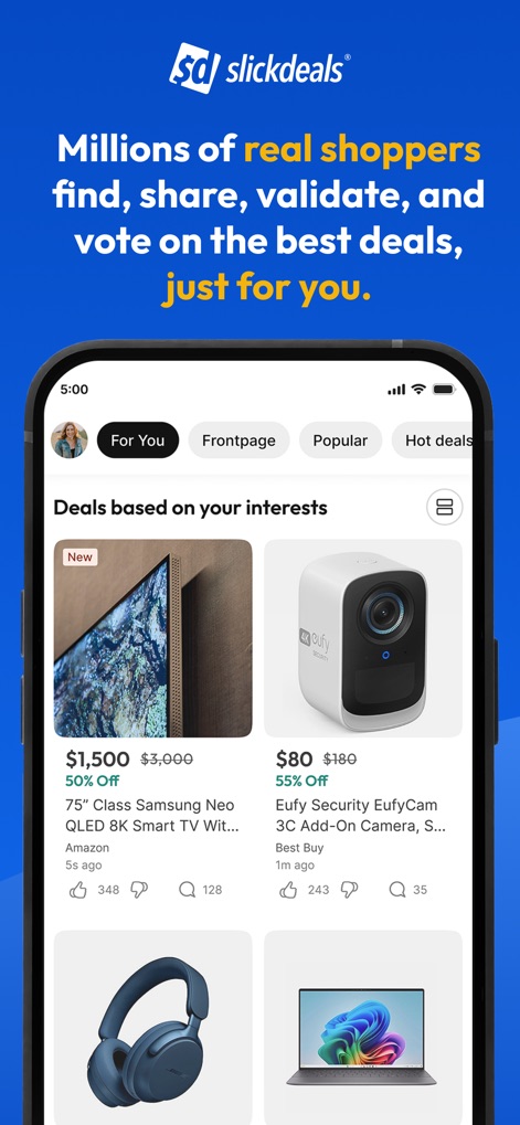 Slickdeals: Deals & Discounts - L'application présente des flux de deals personnalisés selon les intérêts des utilisateurs et affiche des fiches produit détaillées avec des pourcentages de réduction clairs.