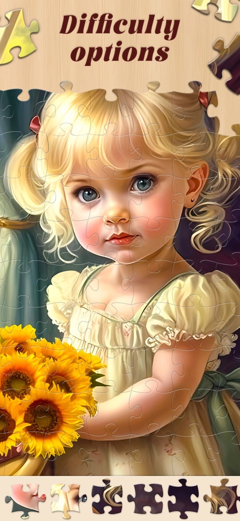 Jigsaw Master - Jigsaw Puzzles - The 'Difficulty options' feature allows players to adjust the game's challenge, as demonstrated by the diverse range of piece shapes and the intricate final image.