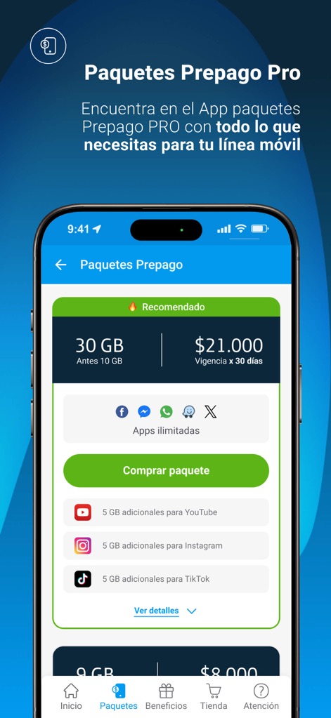 Mi Movistar Colombia - プリペイドプラン画面では、推奨パッケージのデータ容量と価格が提示され、YouTubeやTikTokなど特定のアプリ向けの追加データボーナスが明確に表示されています。
