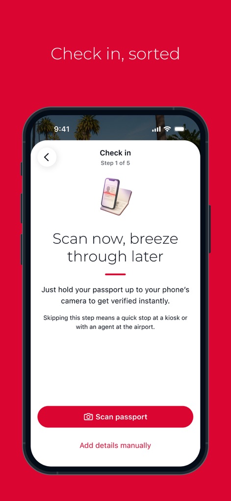 Virgin Atlantic - The app streamlines the check-in experience, allowing users to quickly verify identity by scanning their passport and progressing through a clear, multi-step flow.