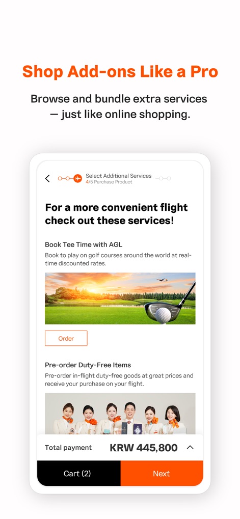 Jeju air - This screen allows users to customize their journey with additional services, from booking golf tee times to pre-ordering duty-free items.