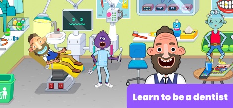 Hospital Games for Kids - Experience the dentist's office, complete with a dental chair and a character undergoing a tooth examination.