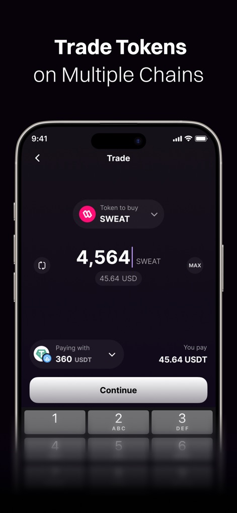 Sweat Wallet: Walk Into Crypto - La sección de comercio permite a los usuarios seleccionar 'Token to buy' (SWEAT) y 'Paying with' (USDT), lo que demuestra la capacidad de la aplicación para facilitar intercambios entre diversas criptomonedas y cadenas.
