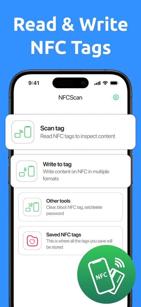 NFC Reader & Scannerㅤ - This tool's home screen provides direct access to essential functions like "Scan tag" and "Write to tag" for comprehensive NFC interaction.
