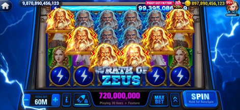 HighRoller Vegas: Casino Games - Users experience the 'Wrath of Zeus' slot game, featuring powerful lightning bolt symbols and an engaging bet control interface for thrilling play.