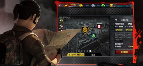 Zombie Frontier 3: Sniper FPS - La aplicación ofrece una vista detallada de la selección de misiones, con un mapa estratégico que ilustra la ubicación del "Subway" y los indicadores de dificultad y recompensas para cada nivel.