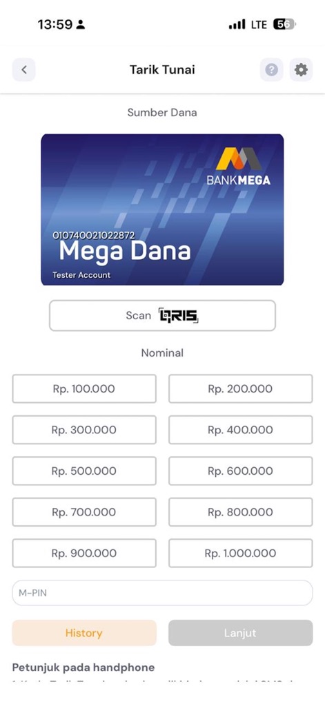 M-Smile by Bank Mega - Experience modern banking with the "Tarik Tunai" feature, which integrates "Scan QRIS" functionality for secure, cardless withdrawals and offers clearly labeled nominal options for quick selection.