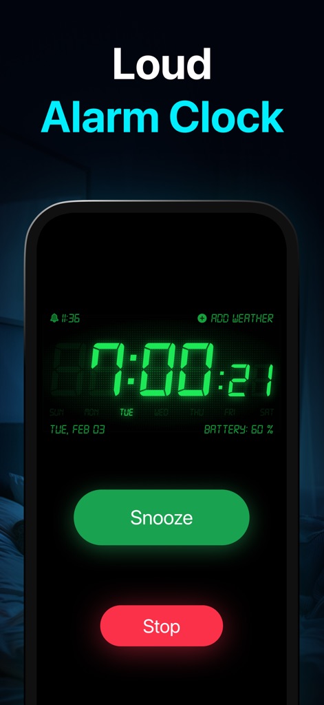 Alarm Clock HD - Esta herramienta muestra una interfaz clara con una pantalla digital verde y botones prominentes para 'Snooze' y 'Stop'.