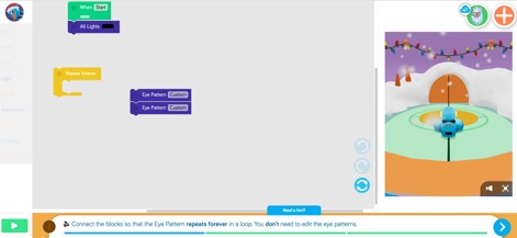 Blockly for Dash & Dot robots - La pantalla de codificación incorpora una vista previa del robot en tiempo real para simular acciones y ofrece sugerencias contextuales para asistir a los usuarios en sus proyectos.