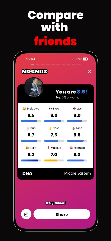 MogMax AI - LooksMax AI Rating - L'application propose une évaluation détaillée de plusieurs attributs faciaux comme les "sourcils" et les "lèvres", accompagnée d'un score global et d'une analyse ADN pour un profil esthétique approfondi.