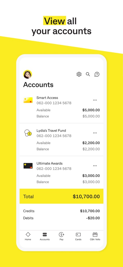 CommBank - Users can effortlessly view all their linked accounts, with a clear display of individual account balances and a consolidated total balance for comprehensive financial insight.