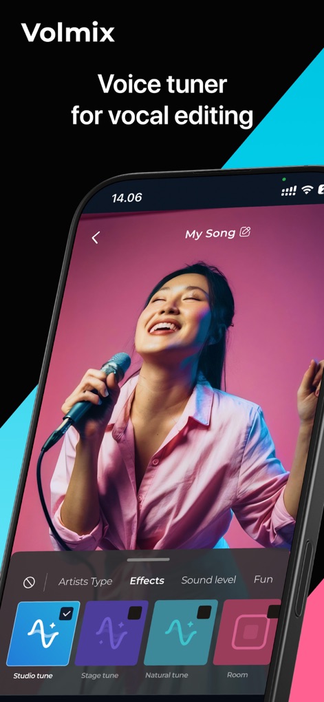 Volmix | AutoTune & Beats - The app presents an intuitive "Effects" tab and diverse vocal "tune" options for precise audio sculpting.